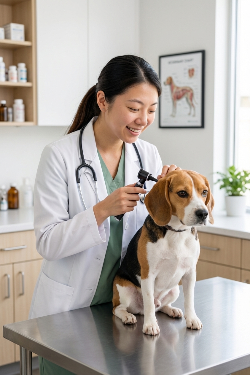 Veterinarian gently examining a small dog’s ear with an otoscope in a bright exam room