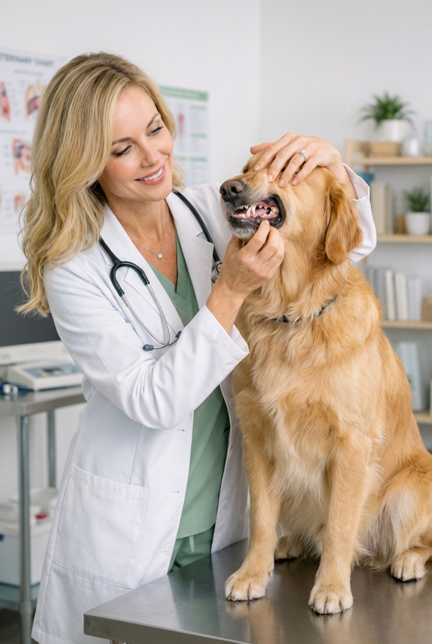 Veterinarian gently lifting a dog’s lip during an exam in a clinic room