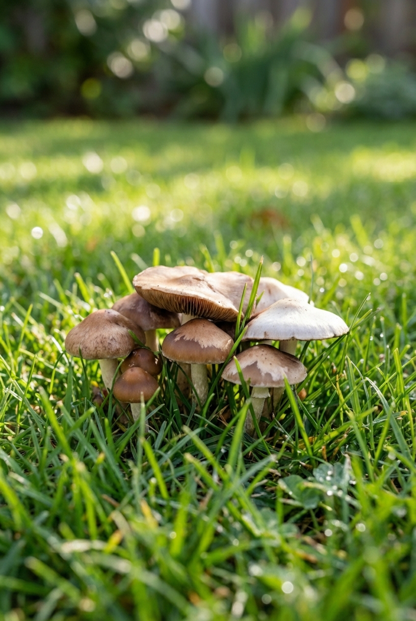 Wild mushrooms growing in grass outdoors