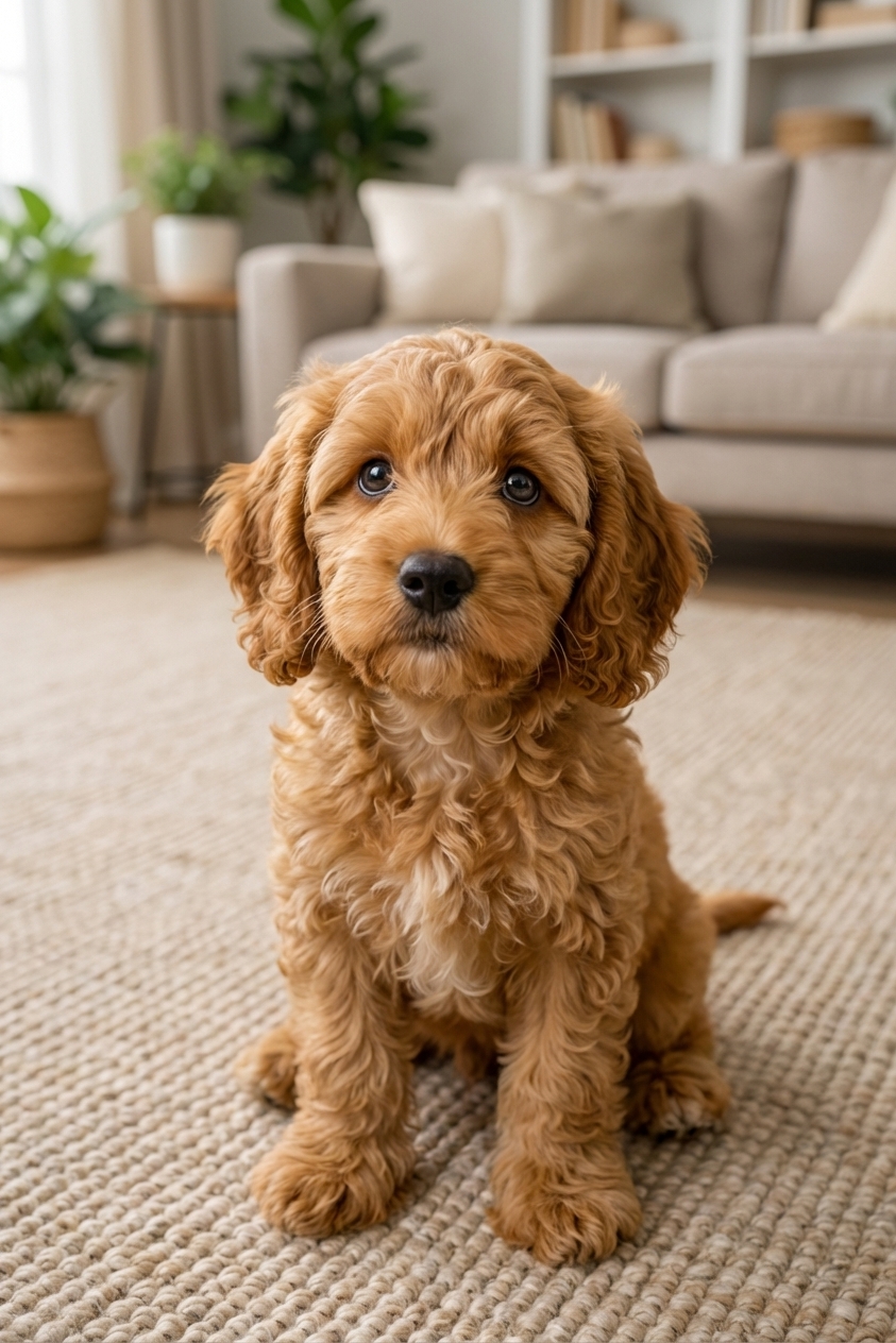 Young Cockapoo sitting on a living room rug looking up at the camera, soft curly coat around the face and ears